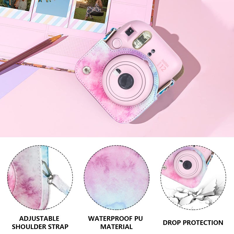 كايول حافظة كاميرا واقية من CAIYOULE لكاميرا Instax Mini 12 الفورية Fuji Mini 12 حافظة من جلد البولي يوريثان مع حزام كتف قابل للتعديل و64 ألبوم صور جيوب - ألوان مائية زرقاء وردية - Image 2